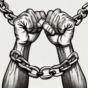 Pencil drawing of hands breaking free from shackles, liberating a person and taking control over their destiny.