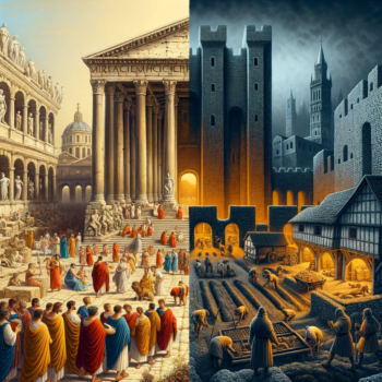 Artistic and symbolic representation of regression of Medieval times in compare to Roman Empire