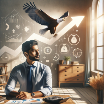 Dreaming men on financial independence while siting in front of his financial statement, the first step on his freedom journey.
