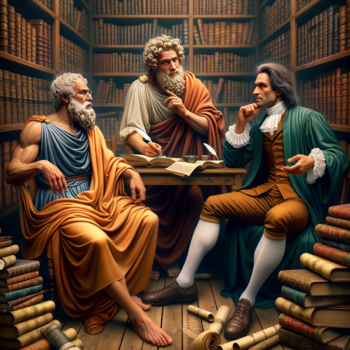 Illustration of philosophers Plato, Seneca, and John Locke in discussion, symbolizing the fictional debate on the concept of freedom.