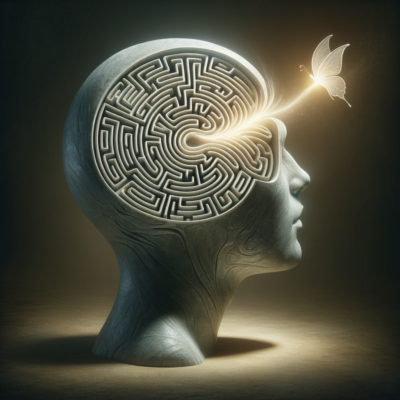 The mind labyrinth seamlessly integrated into the structure of the human head. The labyrinth's walls are representing the complexities and intricacies of our thoughts and emotions. The image captures the duality of chaos and order, merging the organic curves of the human head with the geometric shapes of the labyrinth, creating a mesmerizing visual representation of the inner journey of self-discovery.