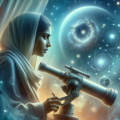 Person gazing through a telescope depicting the philosophical pursuit of truth and knowledge, like a scientist exploring unknown territory. The telescope shows seeking deeper understanding.