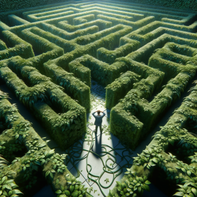 Person in a maze representing feeling lost or stuck in the continuous cycle you describe. The twisting maze symbolizes wanting to find a way out but hitting dead ends.