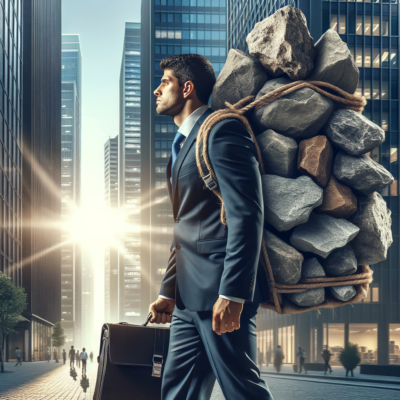 Successful man carrying heavy rocks in a backpack on his way to office.
The rocks could symbolize the burden of self-doubt, others' expectations, etc. This builds on the feeling of being an imposter, conveying the heaviness of it.