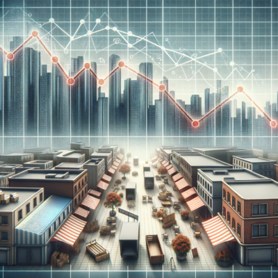 What is recession, picture depicting an arrow going down, empty stores and markers, and for sale signs.