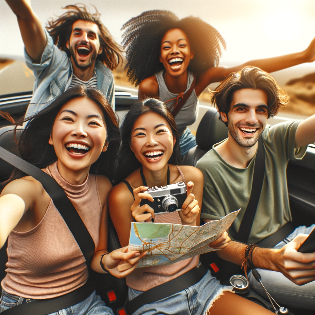 A happy group of diverse young friends on a road trip together. They ride in a convertible, smiling, arms stretched to the open sky. One friend takes a photo while another navigates. They are carefree, present and excited to explore new places. The image captures the spirit of adventure and making memories in youth.