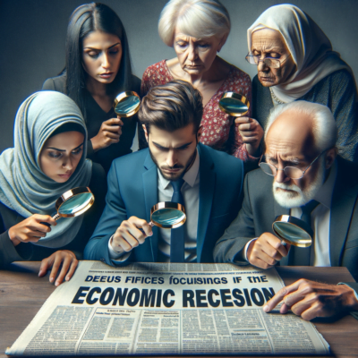A thought-provoking image capturing the essence of a looming recession, providing a deeper look at the warning signs. The photograph features people holding a magnifying glass up to a newspaper headline, symbolizing the tendency of individuals to intensely focus on negative news and economic indicators during times of uncertainty. Symbolizes the impact of such intense scrutiny, which can exacerbate fears and anxieties surrounding the economic downturn.