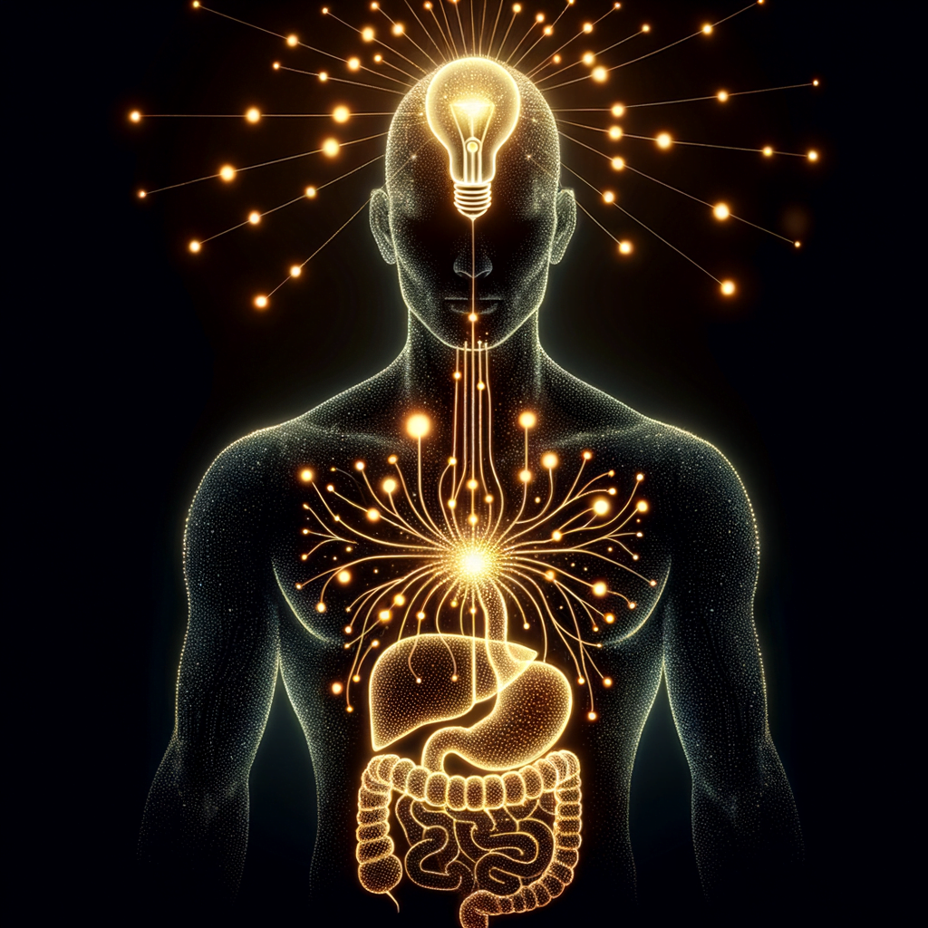 A symbolic image depicting the human body sending signals. A minimalist outline of a person with glowing dots flowing from different areas, representing messages from body parts like the heart, brain, stomach etc. The dots connect to a shining lightbulb above the person's head, indicating the need to listen to the body's innate wisdom.
