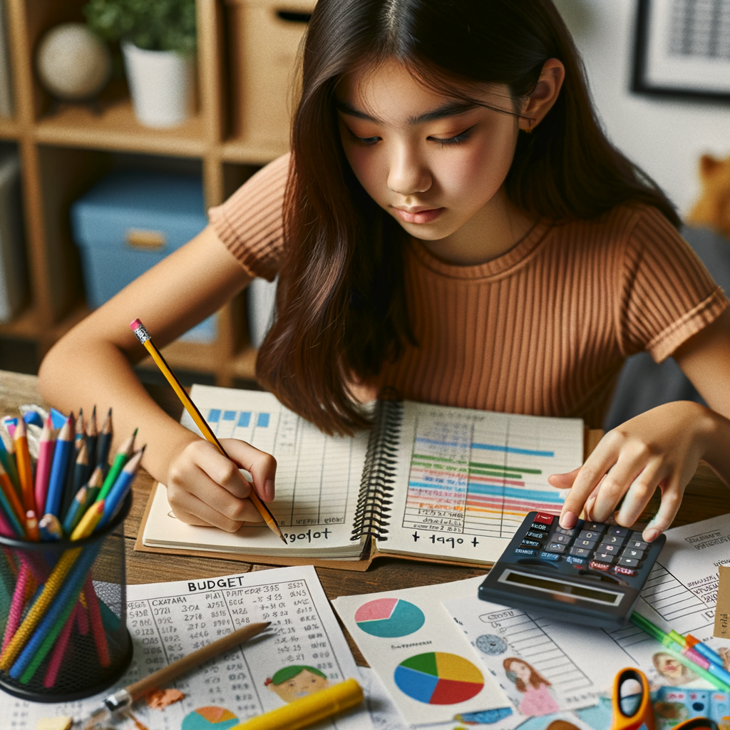 A teenage girl sits at a desk, concentrating as she works on a physical budget plan. She holds a pencil and uses a calculator. Her budget workbook is open, papers spread out. Weekly income and money goals are noted as she tracks spending. Colored pencils, planner stickers and markers show she is engaged. The cluttered, creative scene reflects gaining money skills.
