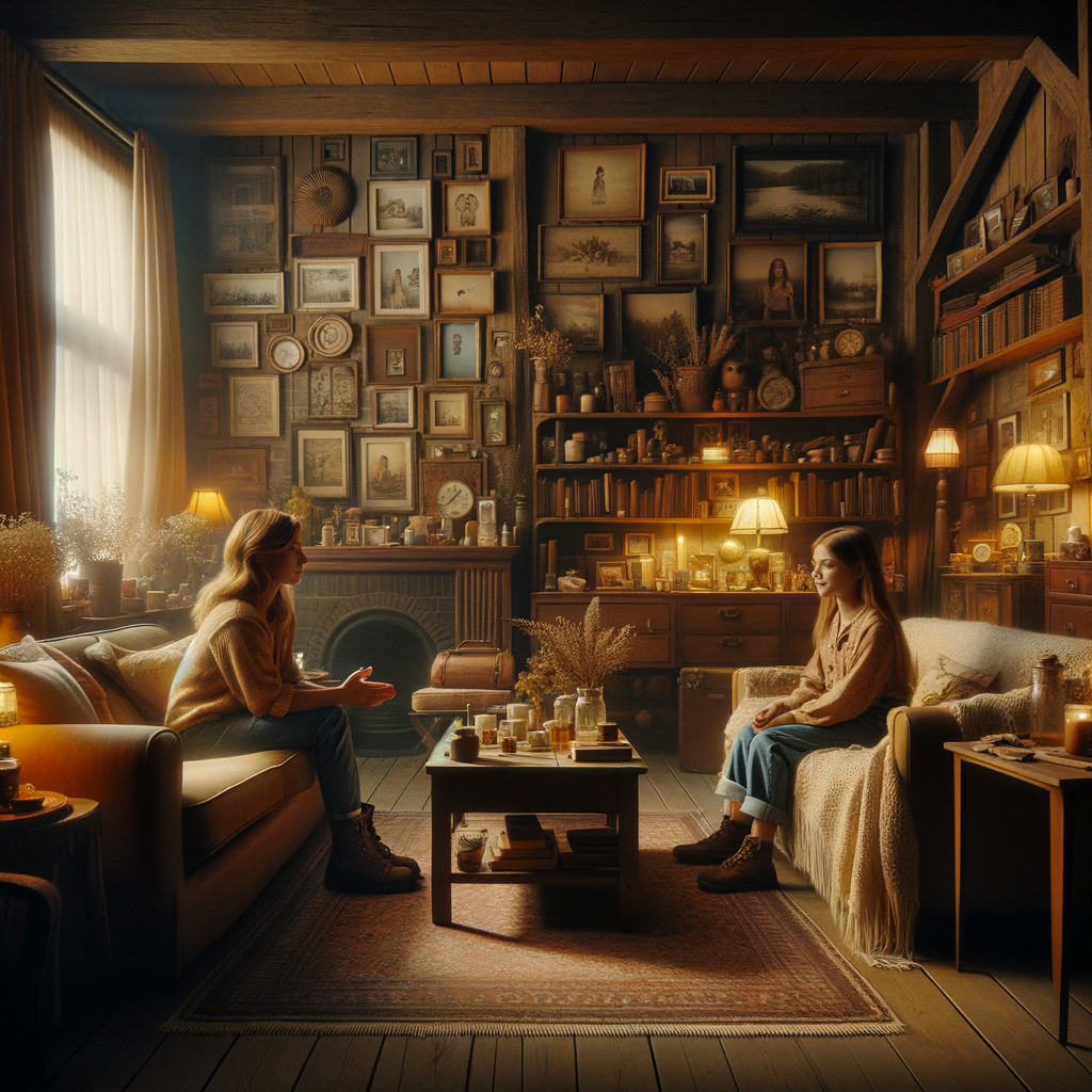 The setting for this image is a cozy living room, filled with nostalgic elements that evoke a sense of familiarity and comfort. The room is adorned with old photographs, books, and mementos that represent the memories and milestones of the person's life. The ambiance is calm and serene, providing the perfect backdrop for the heartfelt conversation between the 35 year old woman and her younger teenage-self.