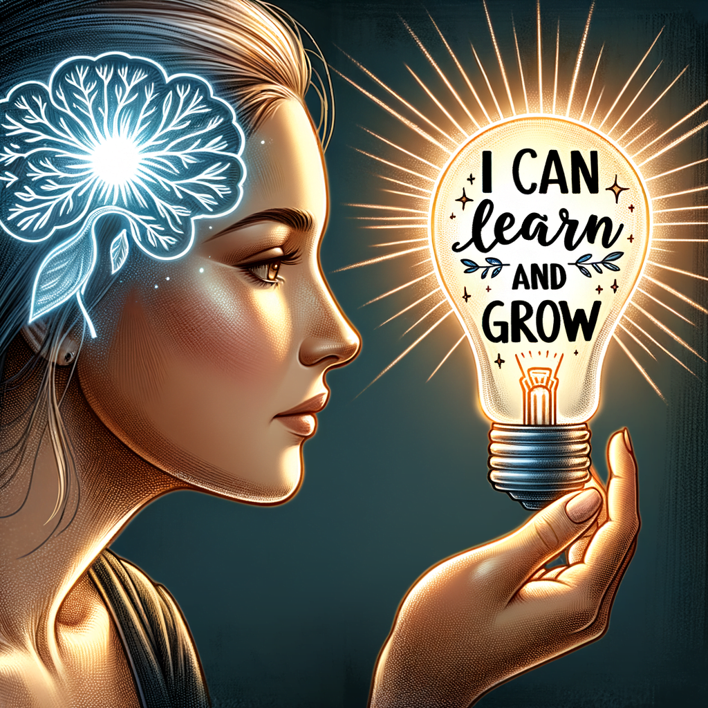 A woman with positive affirmations in her mind. Simple illustrated portraits show her thinking "I can learn and grow" within a glowing lightbulb thought bubble. The image conveys the power of growth mindset.