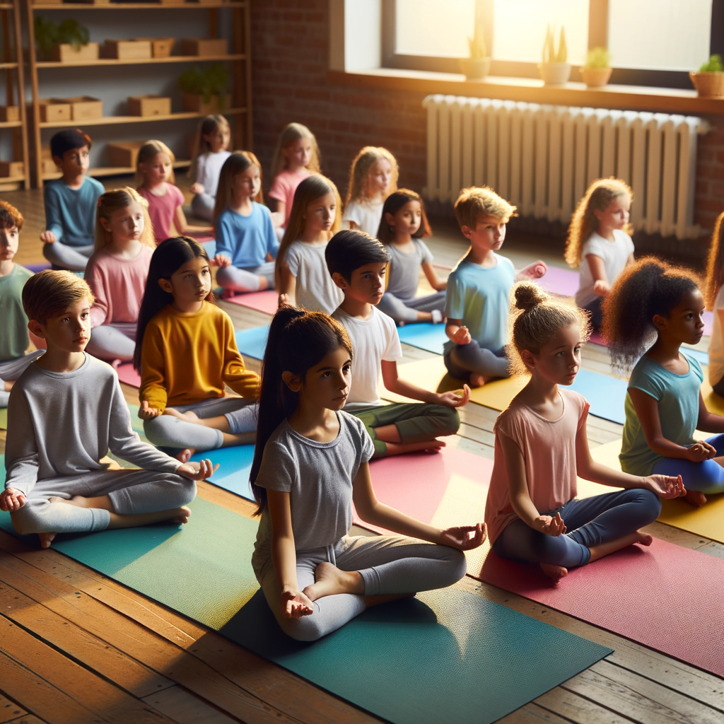 A group of young school children practicing yoga together in a classroom. The kids, aged 6-8, sit cross-legged on yoga mats. They wear comfortable gym clothes and have calm, focused expressions. Their teacher leads them through seated poses, shoulders back, spines straight. Morning light shines through the windows on the students as they cultivate healthy habits of body and mind.