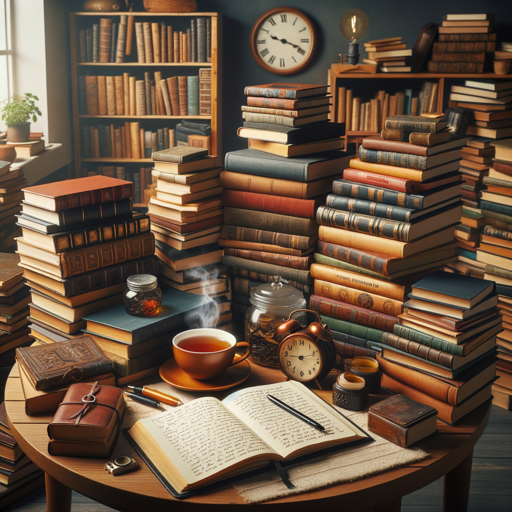 A cozy reading nook with piles of books, a writing journal, and a cup of tea. Representing the nurturing of mind, knowledge and self-reflection through lifelong reading and writing.