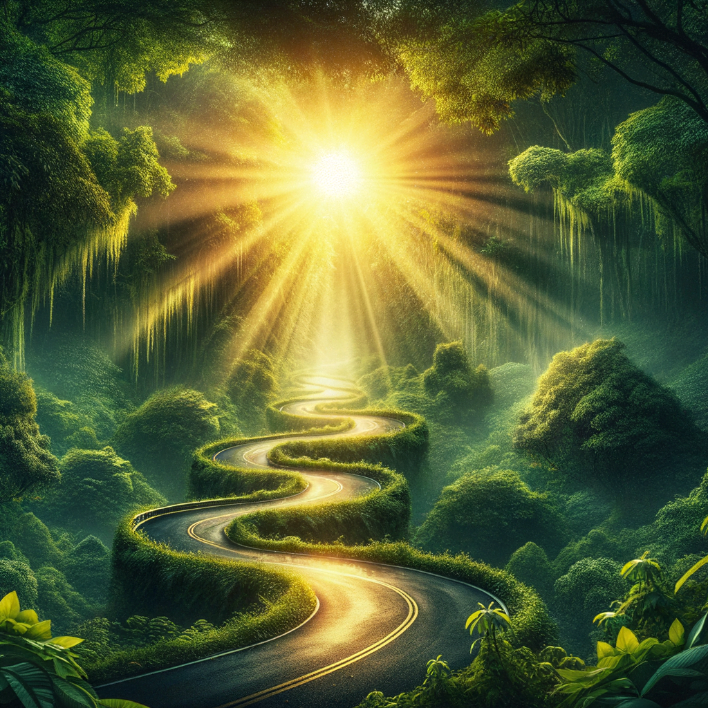 A photo of a winding road stretching into a lush green forest with the sun shining through the trees. Symbolizing how challenges can lead us down unexpected yet beautiful new paths.