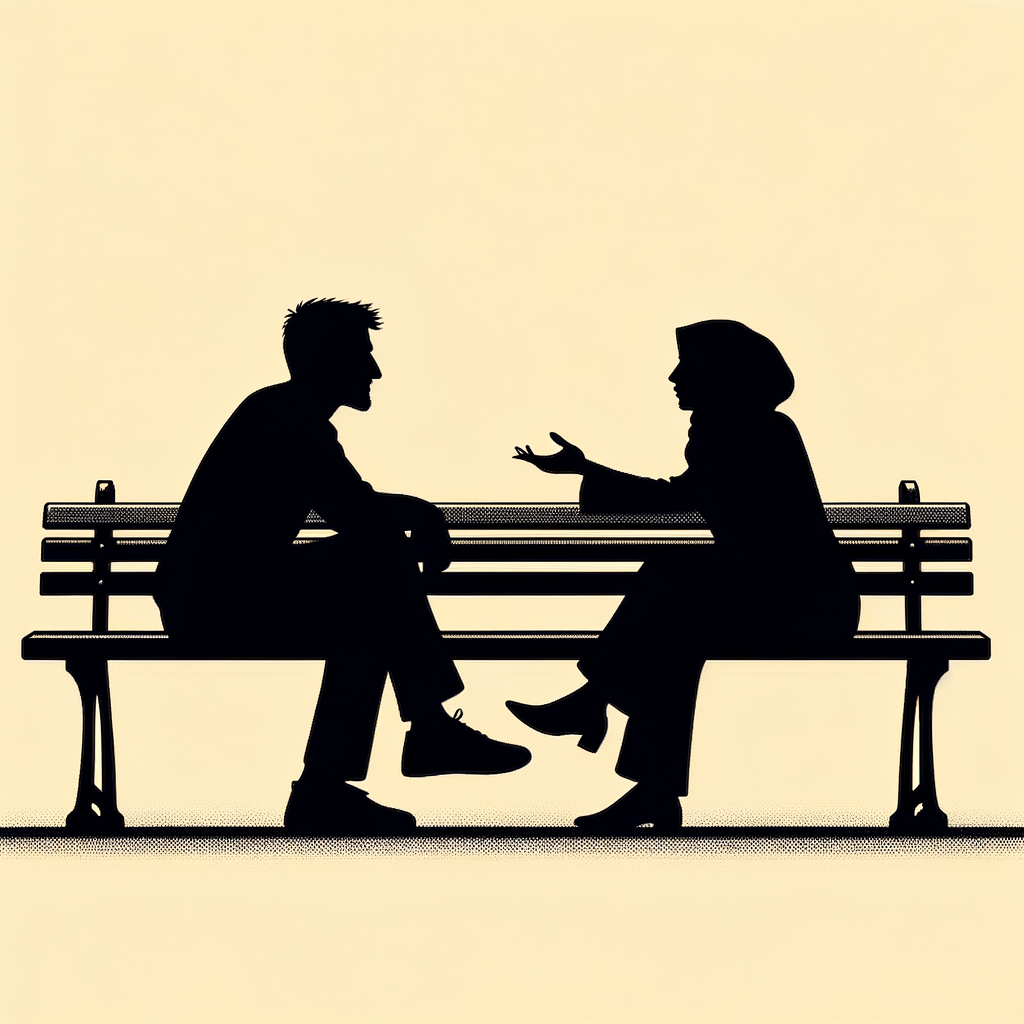 A silhouette of two people sitting on a bench facing each other, engaged in thoughtful conversation. Capturing the essence of open-minded dialogue and understanding different perspectives.
