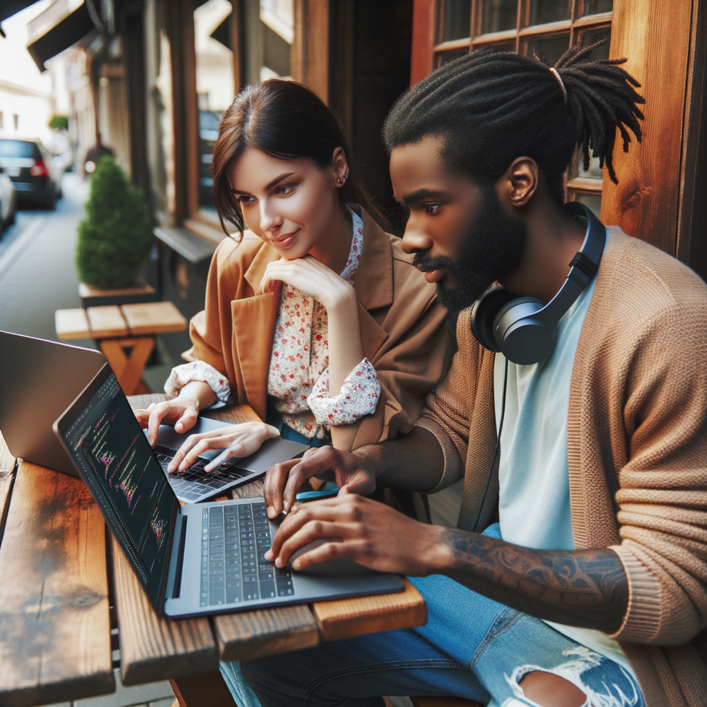 A young couple, a woman in a tan jacket and floral blouse, and a man in a light blue shirt and jeans, work together on their laptops at a wooden table outside a coffee shop. The woman designs a website in a web design program, while the man codes in a programming interface. They occasionally share thoughts and ideas, showcasing their collaborative relationship.