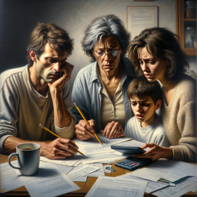 An illustration of worried family symbolising worry over rising mortgage payments