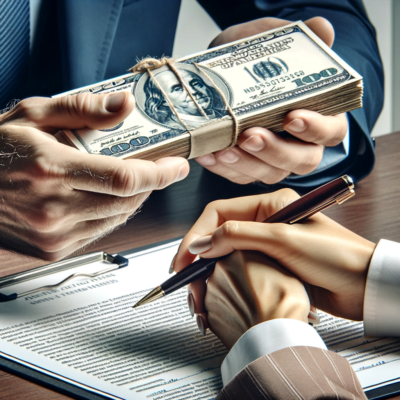 Representation of bonds, by hands exchanging cash for sign contract.