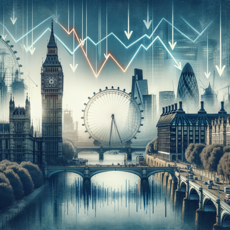 Collage featuring iconic UK landmarks like the Big Ben Tower Bridge and City of London overlaid with downward trending arrows and recession graphics