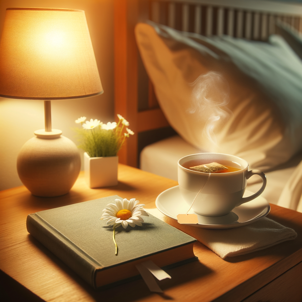 Book and a cup of chamomile tea on a bedside table symbolising winding down and good habits for goodnight sleep