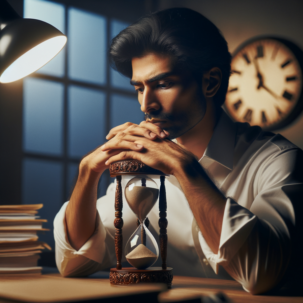 Photograph showing man in a deep focus in a productive mood, symbolically holding hourglass to depict importance of distraction free workload