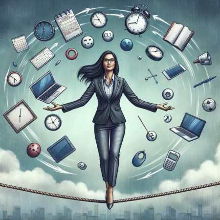An ilustartion of a woman joggling multiple tasks symbolising busy schedule and trying to find balance. This signifies the importance of destruction free productivity at work 