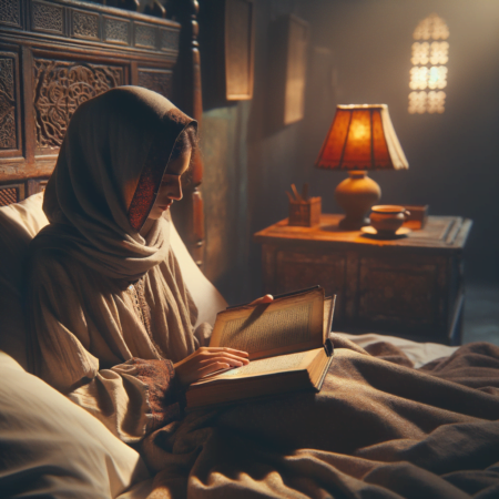 Person reading book to calm down before sleeping time, to promote better sleep.
