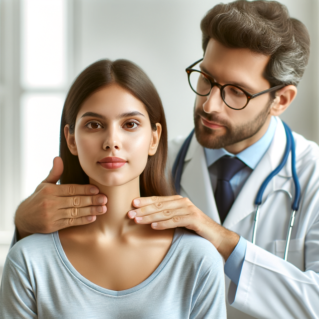 A doctor standing behind a seated patient, gently palpating the neck area to examine the thyroid gland. The doctor has an attentive expression, demonstrating skilled and thorough technique. The patient looks comfortable.