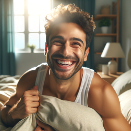 Joyful man waking up after restorative goodnight sleep, indicating importance of good sleep hygiene and sleep optimisation  