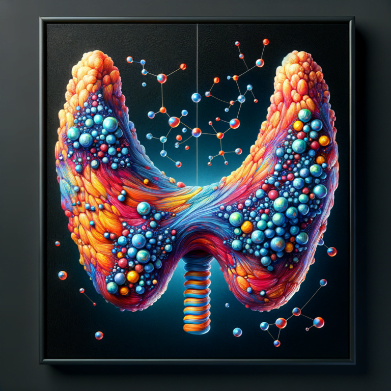 A stylistic thyroid gland with iodine molecules interacting with it. The thyroid gland itself should be painted in vibrant colors and have an abstract, flowing shape to it. But it should still be anatomically recognizable as the thyroid with two wing-like lobes on either side of the neck, connected by an isthmus in the middle. The lobes of the gland should be textured to depict the many follicles producing thyroid hormones. Small blue spheres representing iodine molecules should be clustered around the follicles, demonstrating iodine's key role. Additional iodine molecules can float around the thyroid to represent iodine circulating in the bloodstream. The background should be a black canvas to make the thyroid pop out. Overall, the style should be eye-catching, modern and vivid, with the thyroid and iodine molecules standing out in an abstract, artistic way to introduce the article theme on the thyroid-iodine connection.