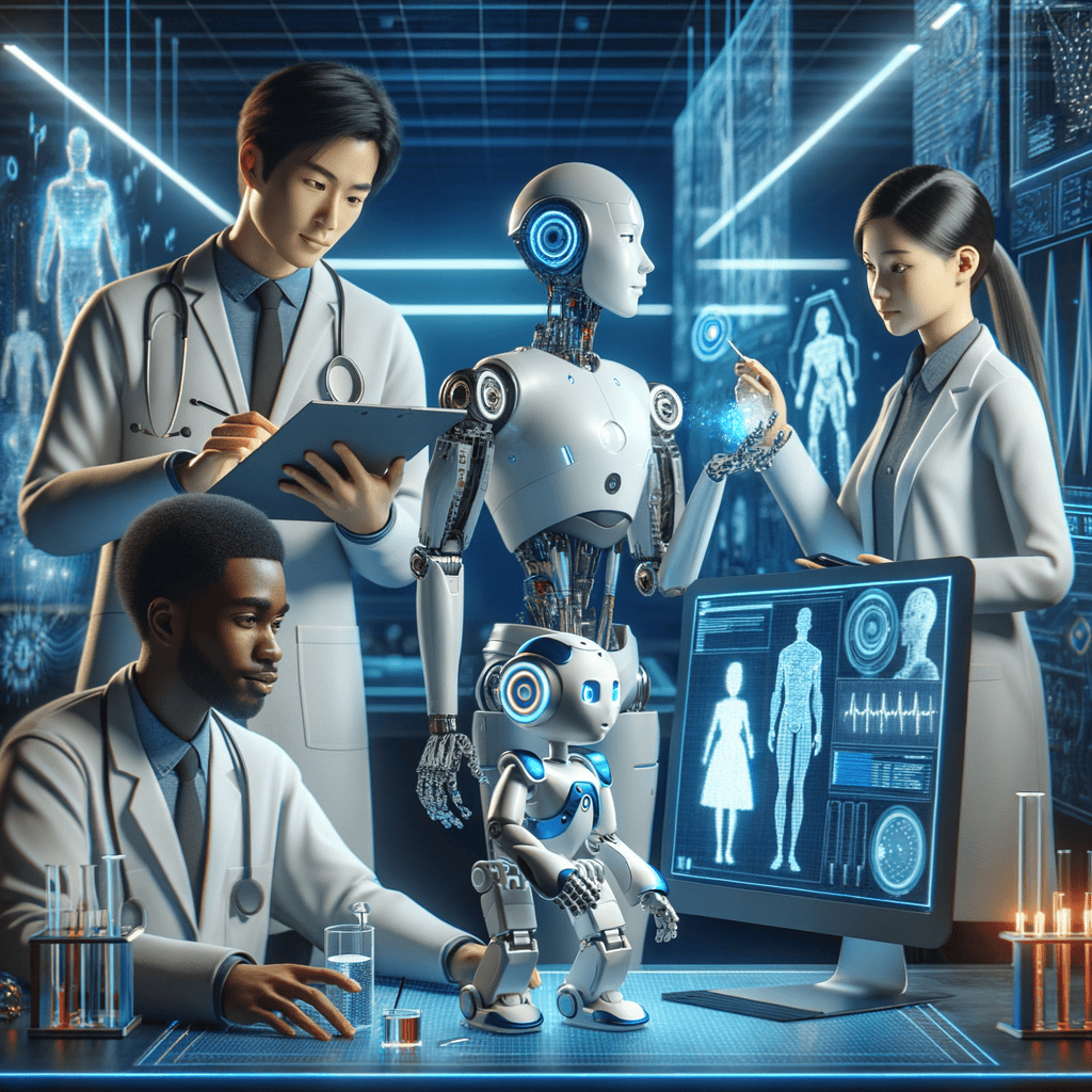 Symbolic picture of people using and working with AI, represented as robots. It alludes to an era of large language models being able to support work, rather stealing it from people
