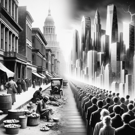 Contrast between great depression of 1930s parallels between the modern great taking that might happen in near future. symbolising coming recession and depression where finical assets will be confiscated by ruling banks