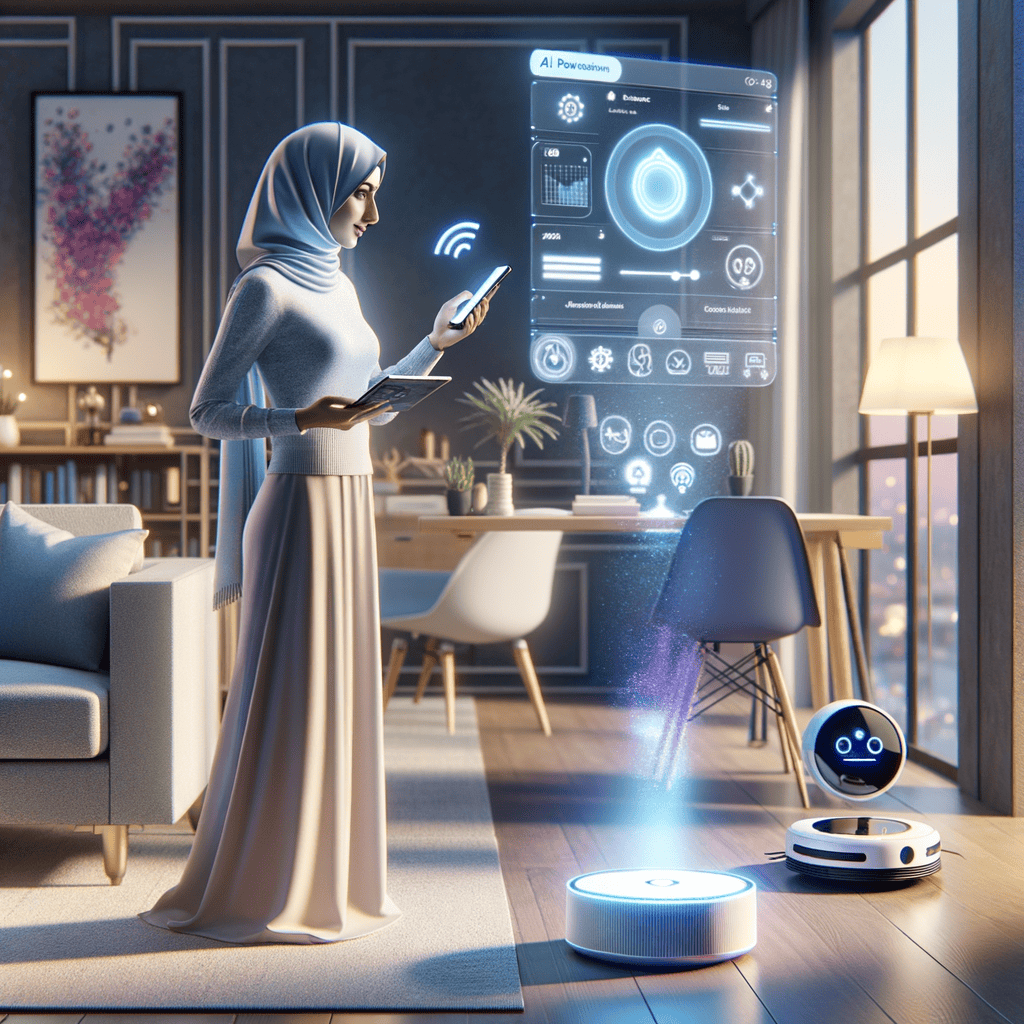 Woman using AI devices at home and levering usefulness of AI at every day tasks, represents that we will embrace AI tools rather losing our jobs