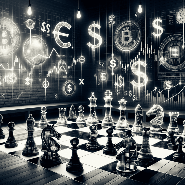 Chase game in progress. A chessboard with pieces including financial symbols visually representation of strategic financial control. This unique chess set could serve as a metaphor for the complex and strategic nature of financial decision-making