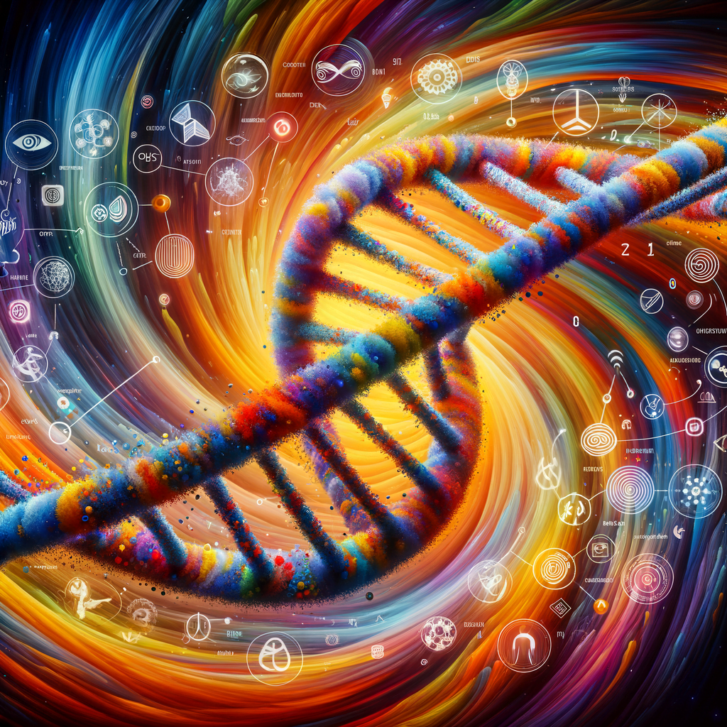 This image depicts a DNA double helix structure surrounded by a swirling array of colorful elements, representing the various environmental, mental, and emotional factors that directly influence gene expression according to epigenetic principles. The semi-transparent DNA strands are overlaid with graphic icons symbolizing how thoughts, beliefs, stress, and other perceptions can actively shape biological outcomes, challenging the notion of genetic determinism that Lipton's work seeks to overturn. Add minimum text or none.