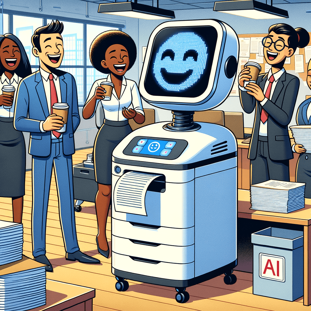 Image in cartoon style showing AI robot in humours way supporting office workers in their jobs