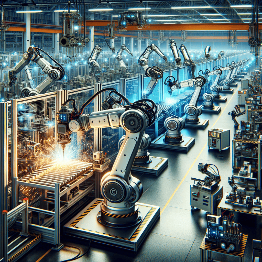 Robots on a manufacturing line, symbolically representing the AI Agents cooperating together seemingly to produce an outcome
