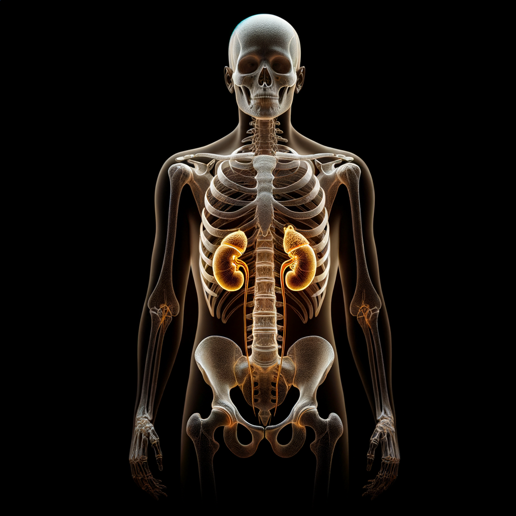 The image should feature a simplified, white/grey skeletal outline of the human form against a black background. Within this skeletal frame, the only organs visible should be the kidneys and adrenal glands. The kidneys should be shown in a muted, neutral tone, but the adrenal glands positioned above them should be highlighted in a shiny, metallic gold or bronze color. This vibrant hue should make the adrenal glands the clear focal point of the image, drawing the viewer's eye directly to these key organs without any distracting extraneous details. The overall composition should be clean, minimalist, and effectively convey the importance of the adrenal glands through their striking visual treatment against the more muted skeletal frame.
