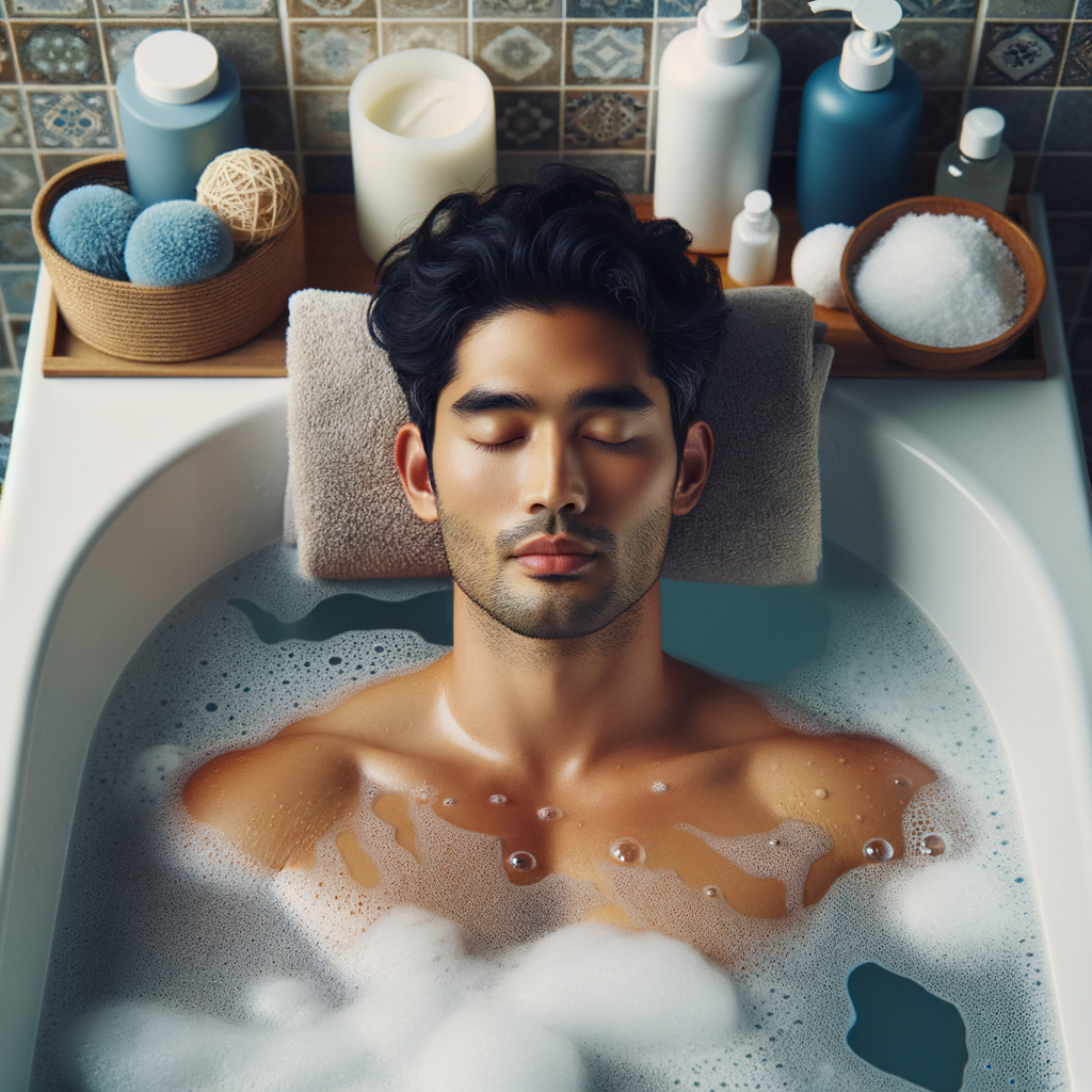 The image shows a man soaking in a bathtub filled with warm Epsom salt water. His shoulders, head and arms are visible above the waterline, as he relaxes in the mineral-rich solution. A towel and bath products can be seen nearby on the bathroom floor.