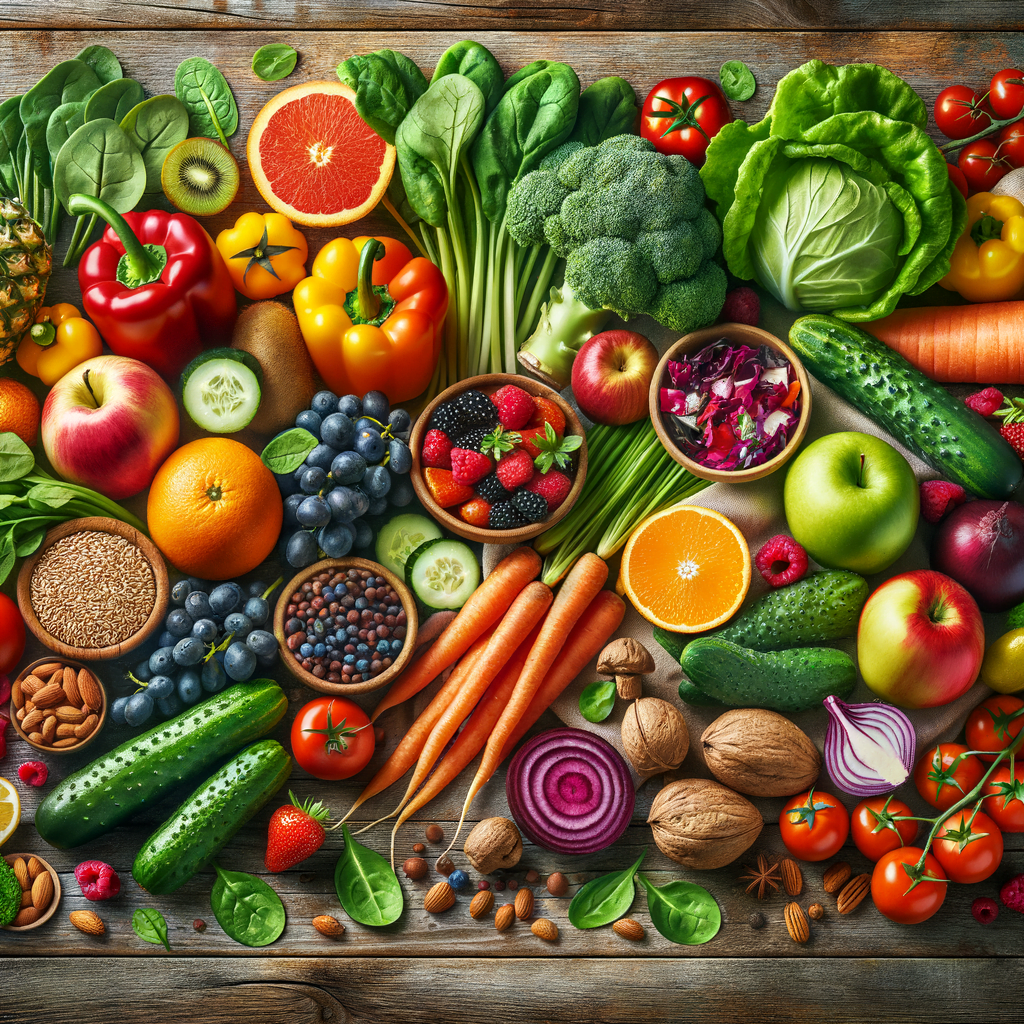 A colorful array of fresh vegetables, salads, fruits and whole foods on a wooden table, representing a balanced, nutrient-rich diet.