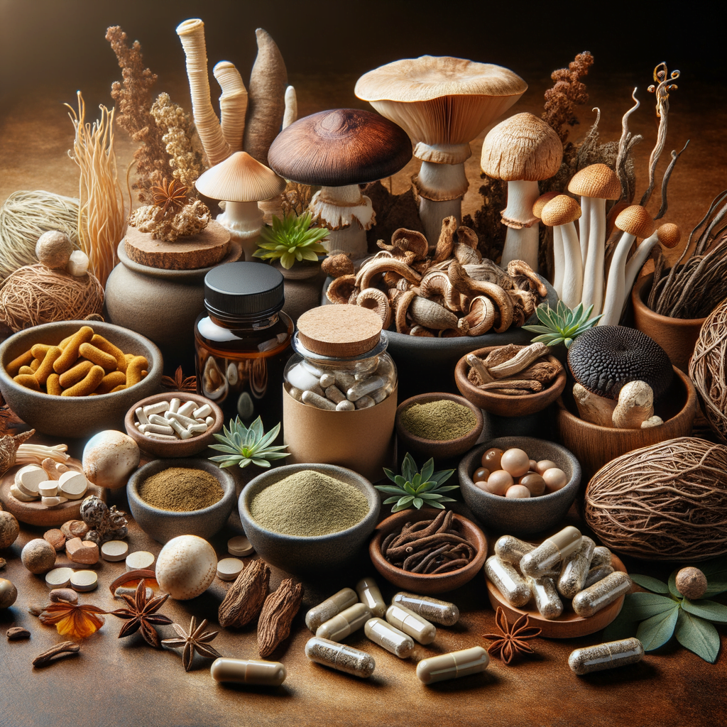 An assortment of herbal supplements, adaptogenic mushrooms, and natural remedies arranged on a earthy-toned background.