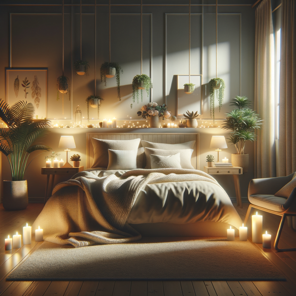 A serene bedroom setting with a comfortable bed, dim lighting, and relaxing elements like candles or plants, symbolizing a sleep-conducive environment.