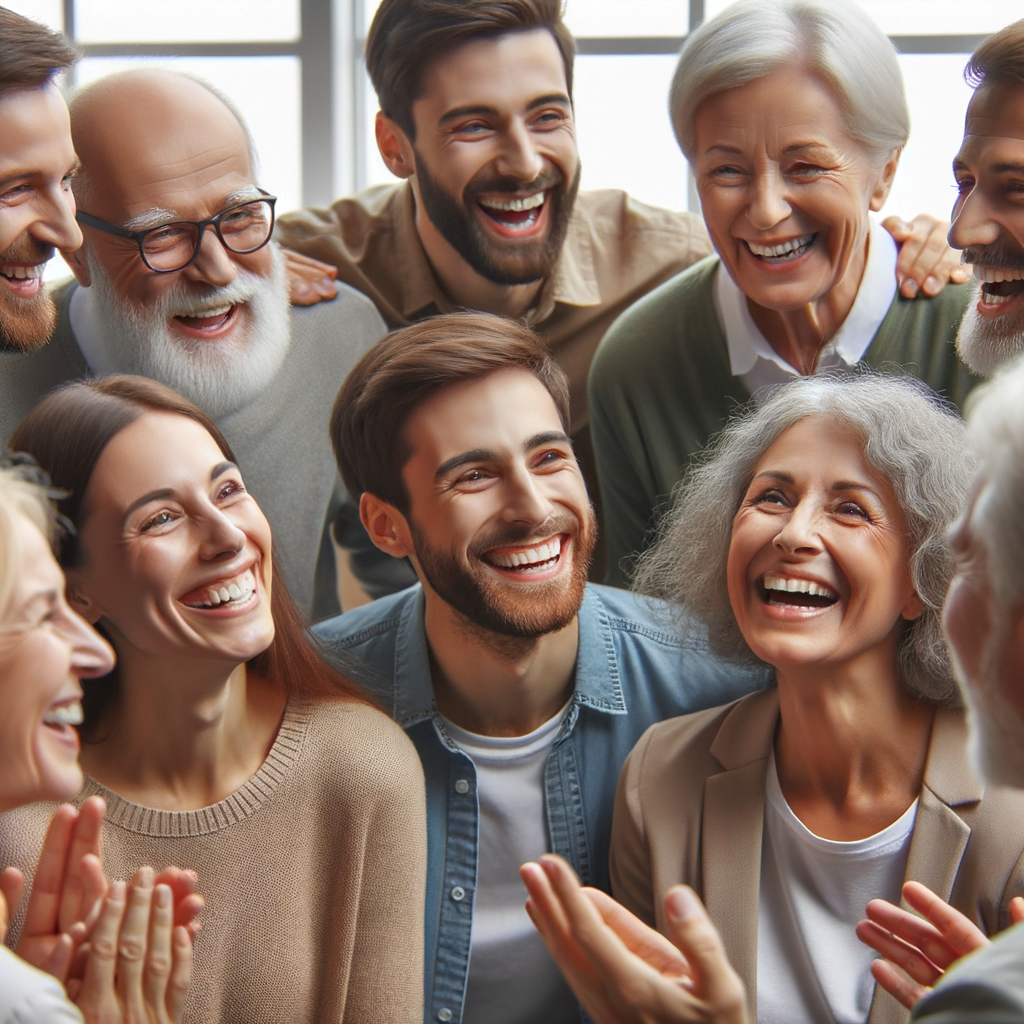 A group of people, of all ages, laughing and engaging in a supportive, uplifting conversation, conveying the importance of a nurturing social circle.