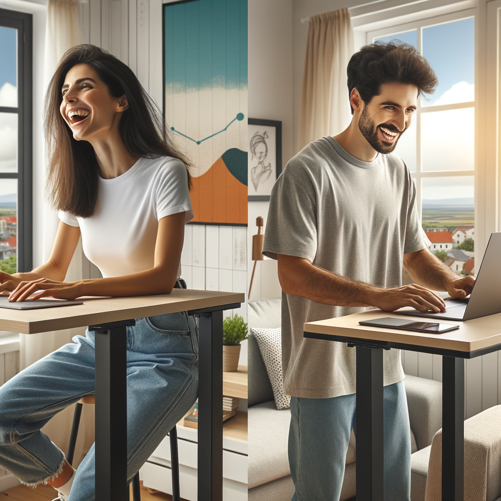 A young happy couple working from home with standing desks, each in their office or room in the flat