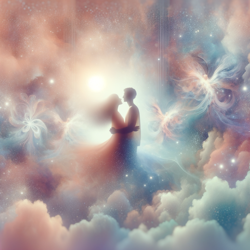 This serene, ethereal image depicts an embracing couple enveloped in soft, pastel hues and a dreamlike, idyllic atmosphere. The couple's bodies are subtly blurred, conveying a sense of harmony, flow and unity. The overall scene symbolizes the effortless state of joy, fulfillment and manifestation that can arise when one's conscious desires and subconscious programming are perfectly aligned - the "honeymoon" state described in Lipton's work, free from the conflicting beliefs that often hinder the realization of our deepest aspirations.