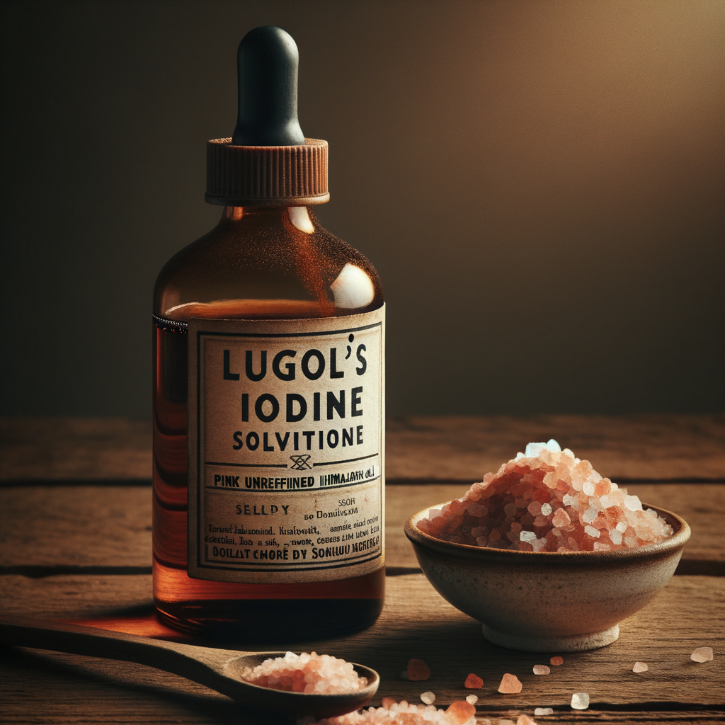 Lugol's iodine solution next to a small bowl of pink unrefined salt