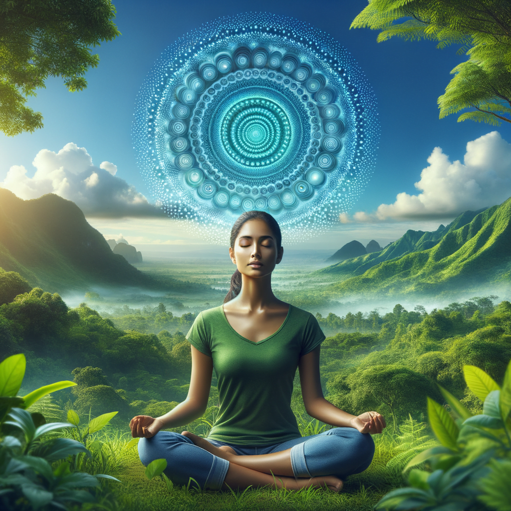 A person sits cross-legged in a serene natural setting, surrounded by lush greenery and a clear blue sky. Their eyes are closed, and they are deeply focused on their breathing. The inhalation is depicted by larger, darker concentric circles emanating from the person's nose and mouth, while the exhalation is shown by smaller, lighter circles, visually representing the Huberman breathing technique. The overall scene conveys a sense of tranquility, mindfulness, and a connection to the natural environment, suggesting the transformative power of this breathing exercise in managing anxiety.