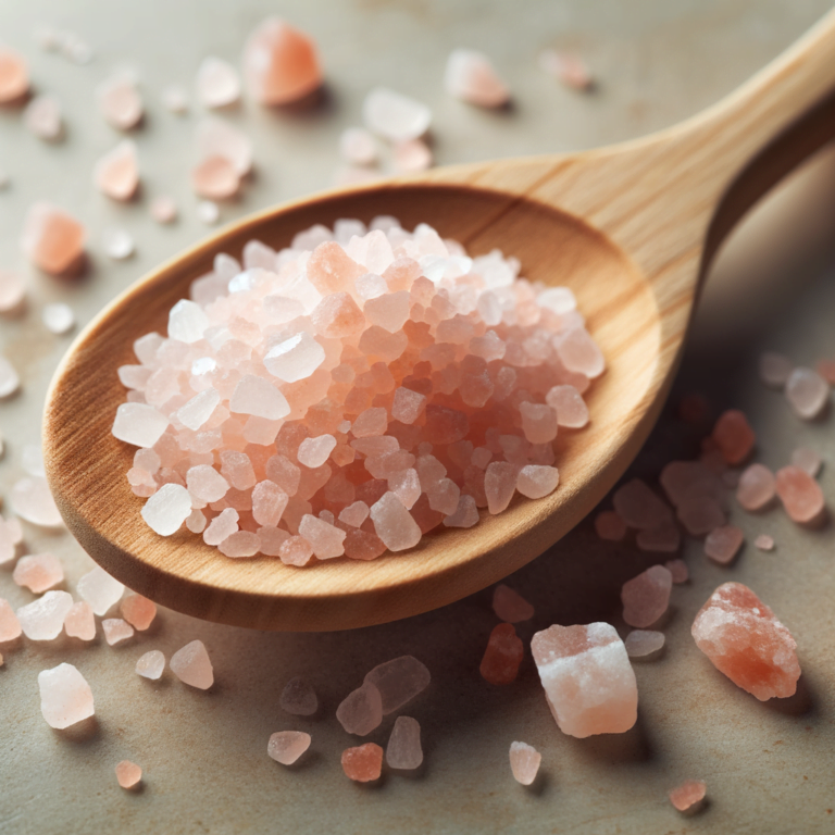 Pink Himalayan salt in a wooden spoon