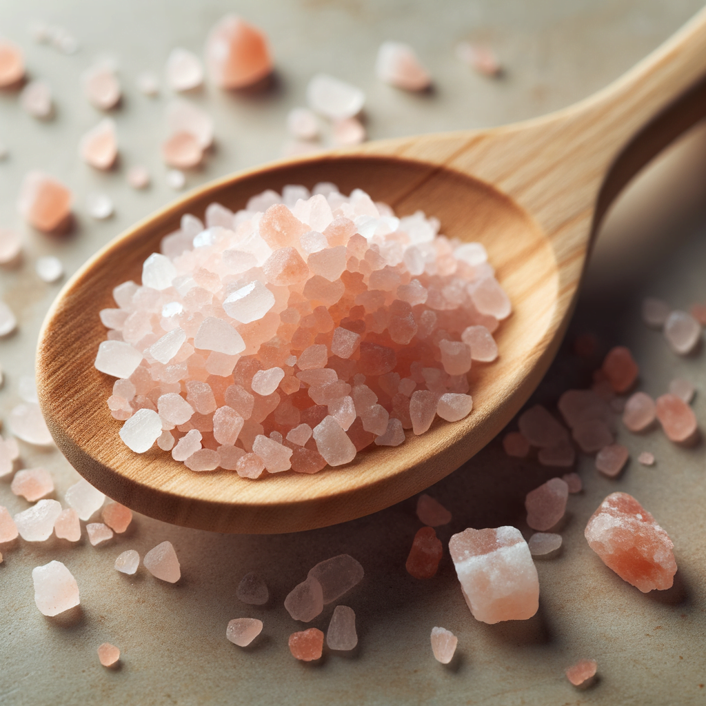 Pink Himalayan salt in a wooden spoon