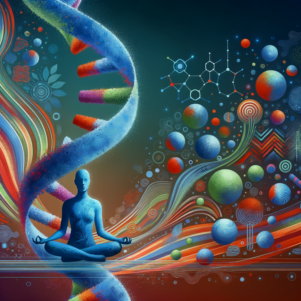 The central image features a large blue DNA double helix structure in the background. Overlaying the DNA are vibrant, colorful abstract shapes and patterns in red, orange, green, and purple. Interspersed among the graphics are some simplified organic forms suggestive of cellular elements. At the center of the composition is a minimalist human figure in a warm neutral tone, seated in a serene, meditative pose. The overall visual style is clean and digital, with a balanced, harmonious composition highlighting the key elements - the DNA structure, the colorful abstract graphics, the organic forms, and the central human figure.